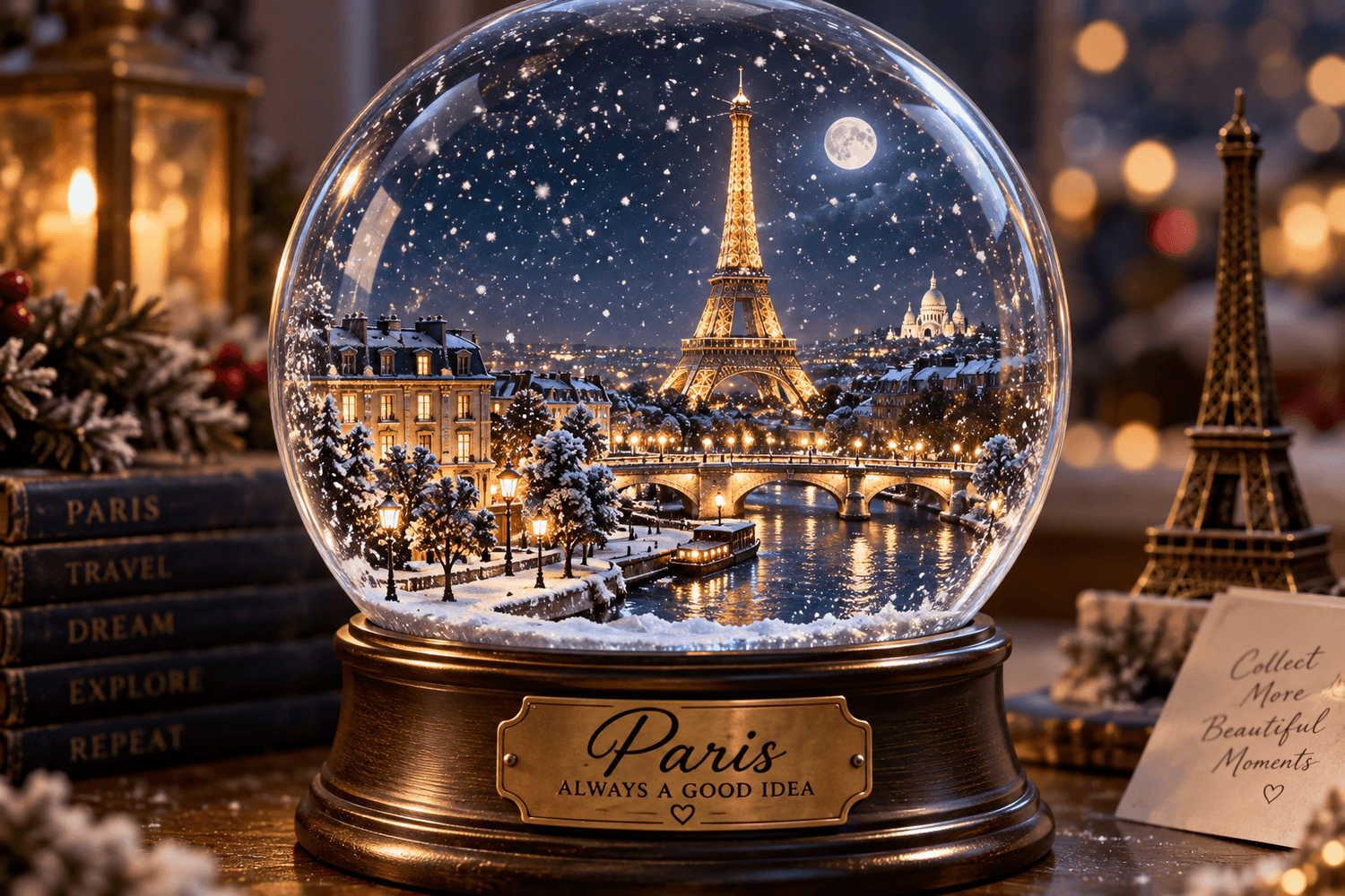 Paris reimagined as a miniature snow globe