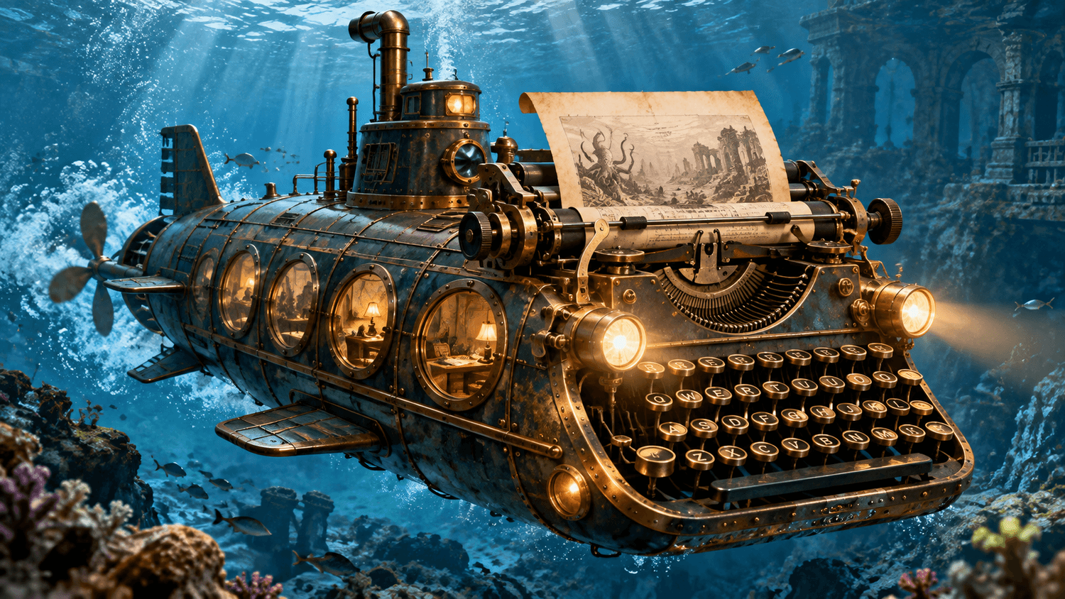 Surreal steampunk typewriter and submarine creative image