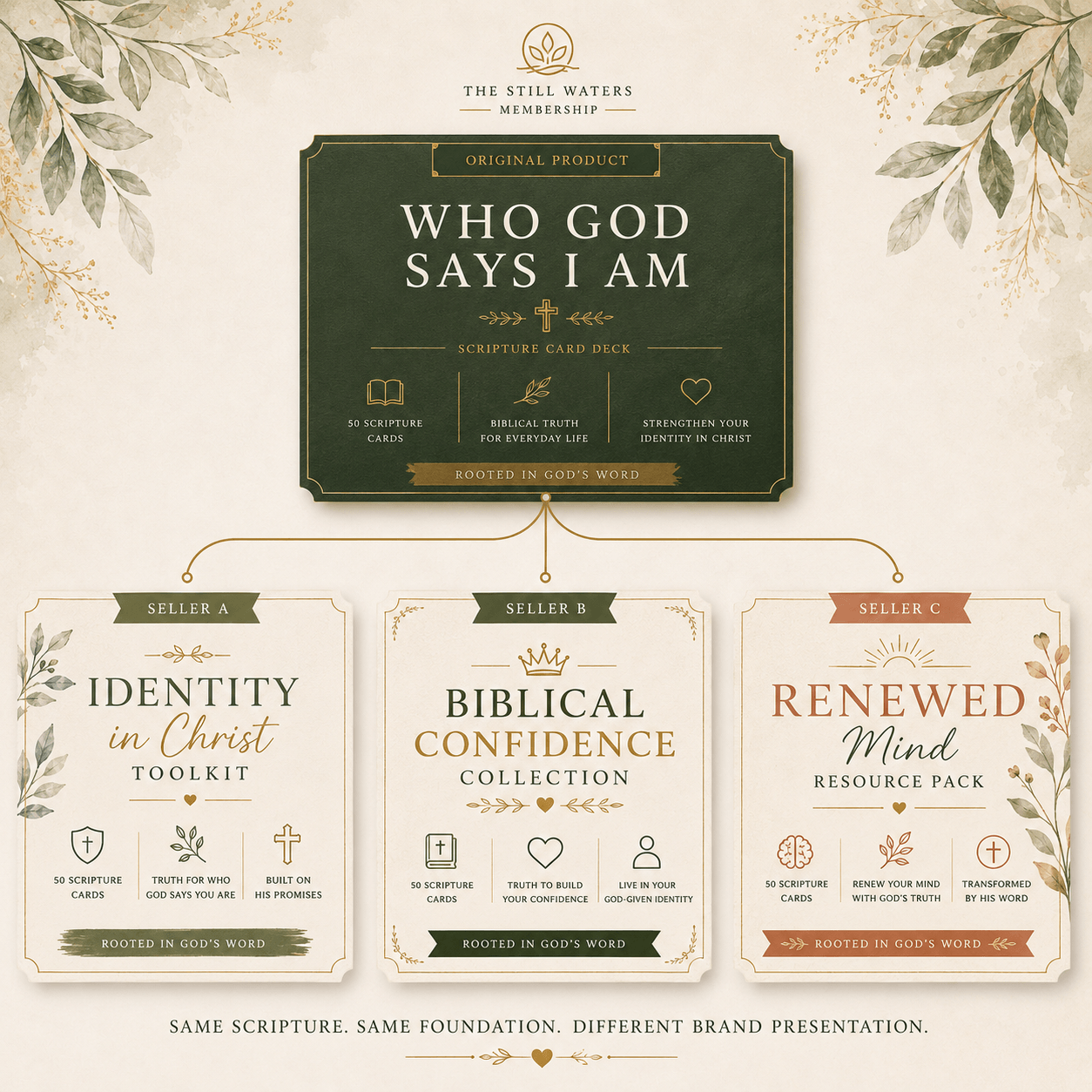 Who God Says I Am — one product, three reseller brands