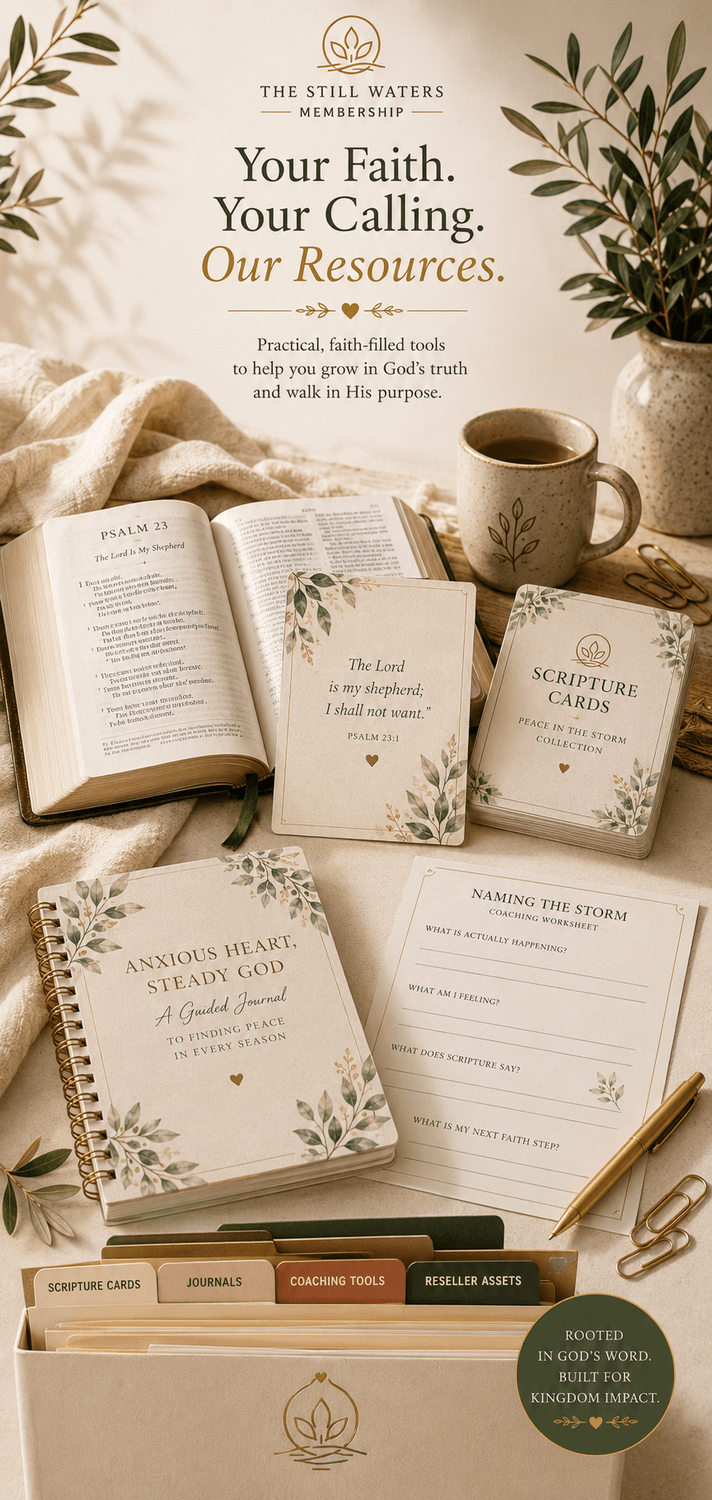 The Still Waters Membership vault showing scripture cards, journals, coaching tools, and reseller assets
