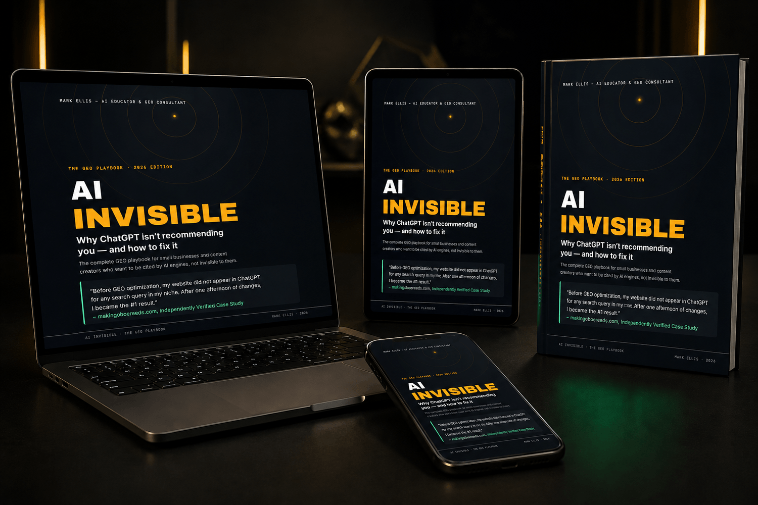 AI Invisible GEO guide by Mark Ellis shown on laptop, tablet, and phone screens next to the printed book cover, black and gold cover design