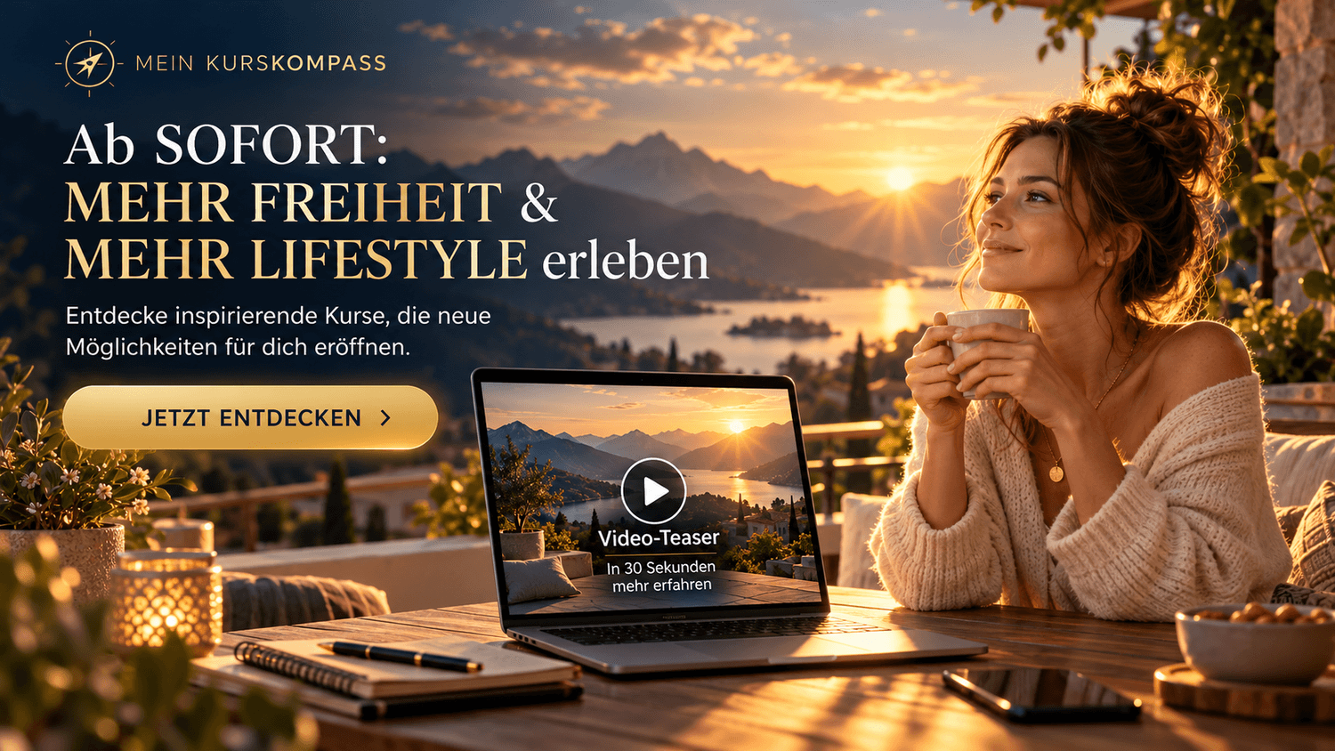 MEIN KURSKOMPASS – Mehr Freiheit und Lifestyle.
      Frau genießt ihren Kaffee auf einer Bergterrasse.
