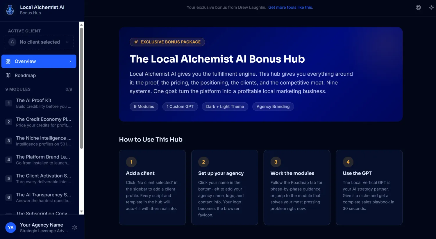 The Local Alchemist AI Bonus Hub dashboard showing the module sidebar and progress tracking