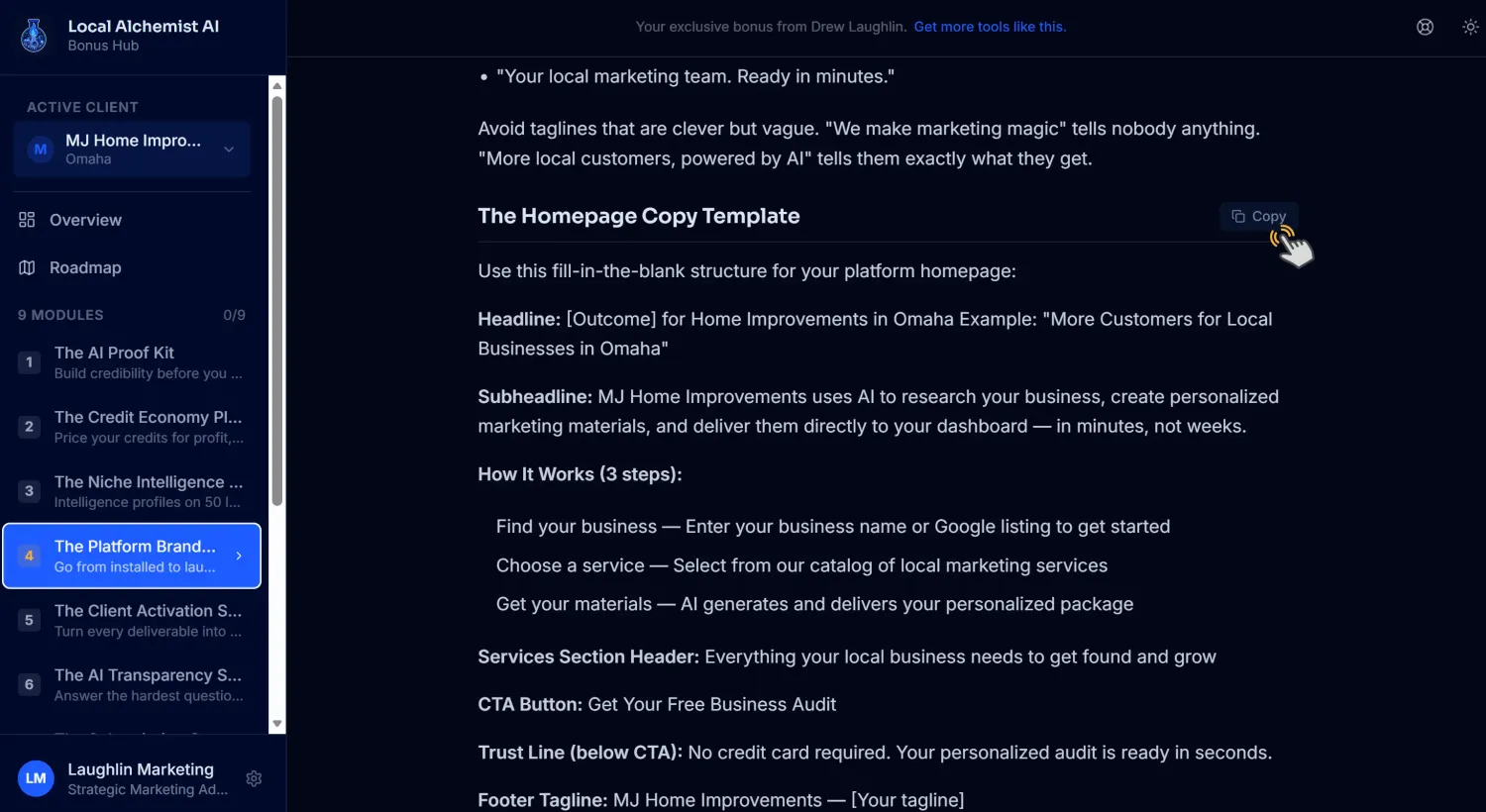 The client workspace inside the Local Alchemist AI Bonus Hub with client details entered