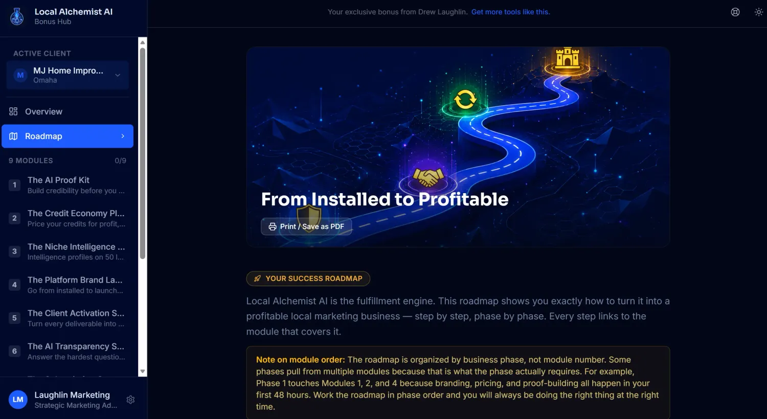 Four-phase Local Alchemist AI success roadmap from installation to recurring revenue