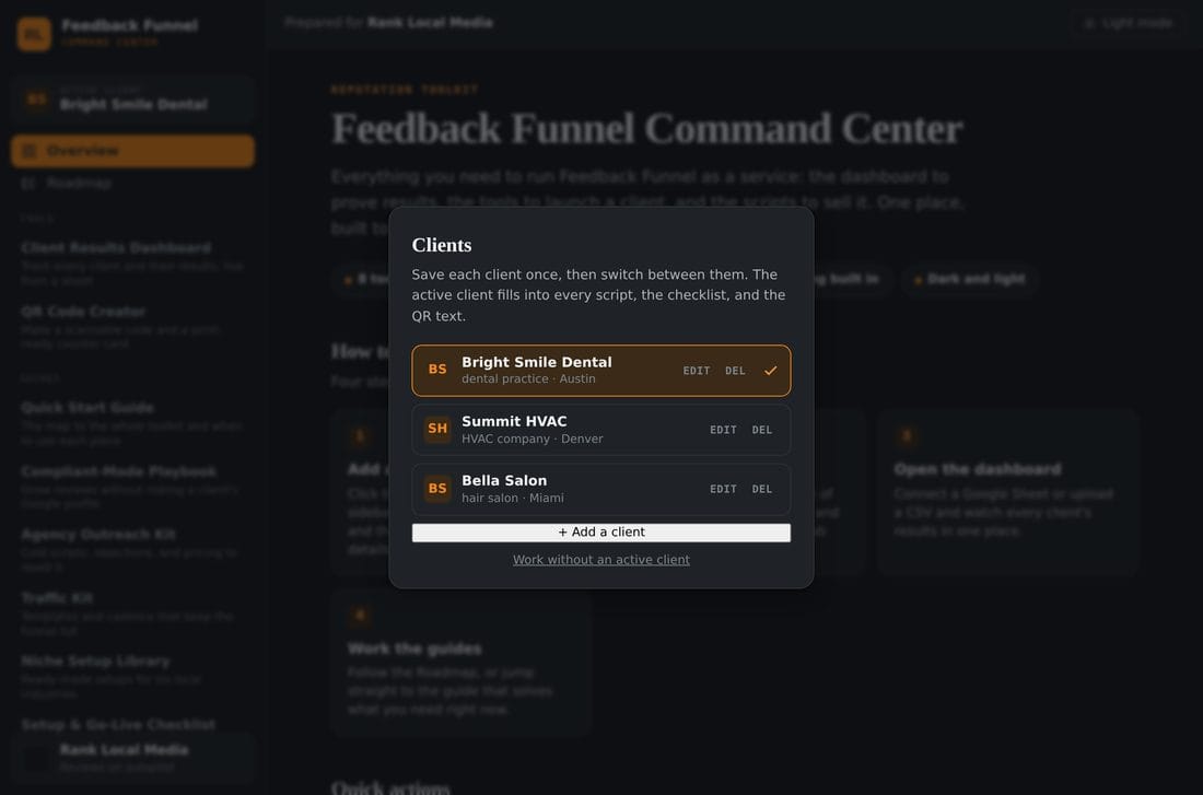 The client manager in the Command Center, showing a saved roster of three clients with one set active, plus edit and delete controls and an add-a-client button.