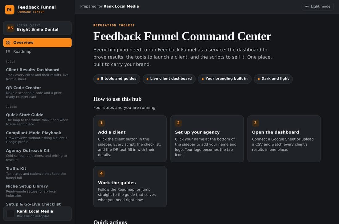 The Feedback Funnel Command Center home screen, showing a sidebar with the client picker, tools, and guides, and a welcome panel with a four-step how-to.