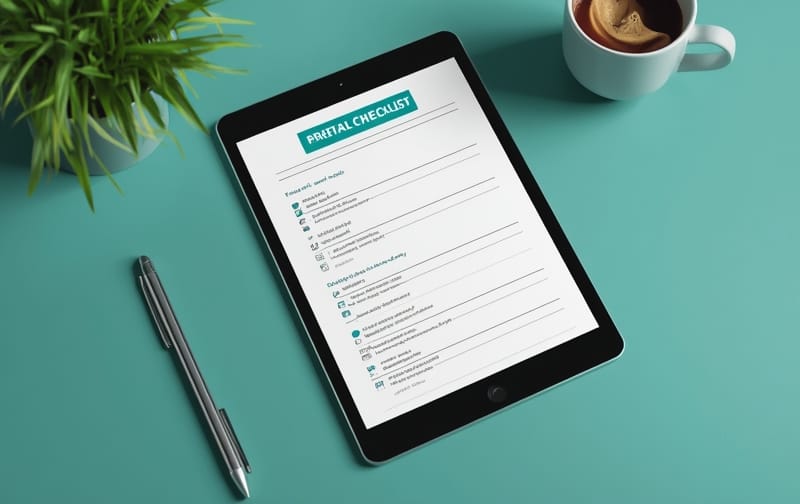 a clean one-page printable checklist document on a tablet, professional teal accents