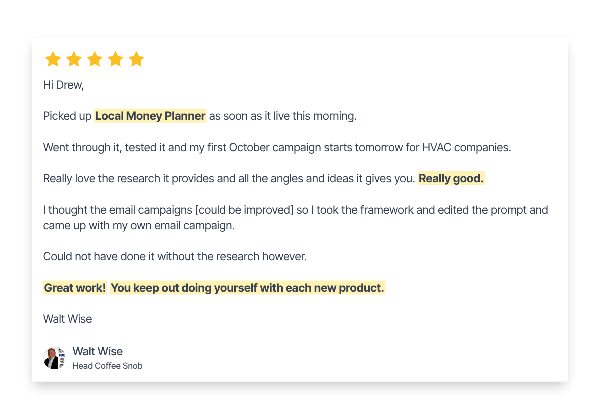 Five-star review of The Local Money Calendar from Walt Wise