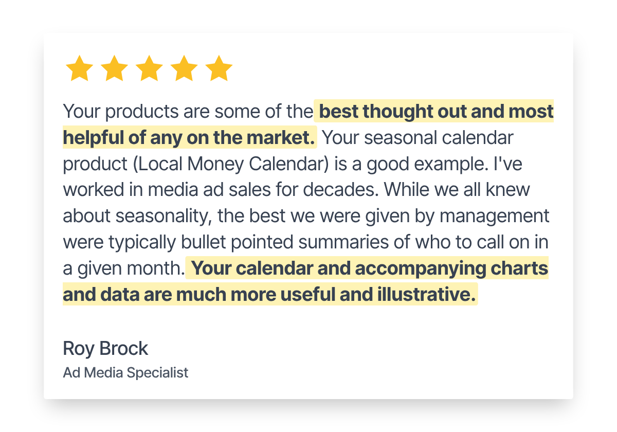 Five-star review of The Local Money Calendar from Roy