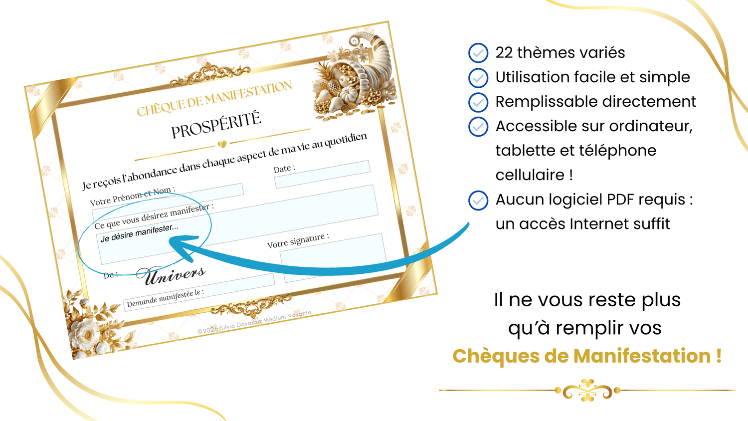 Démonstration des chèques de manifestation remplissables sur ordinateur, tablette et téléphone