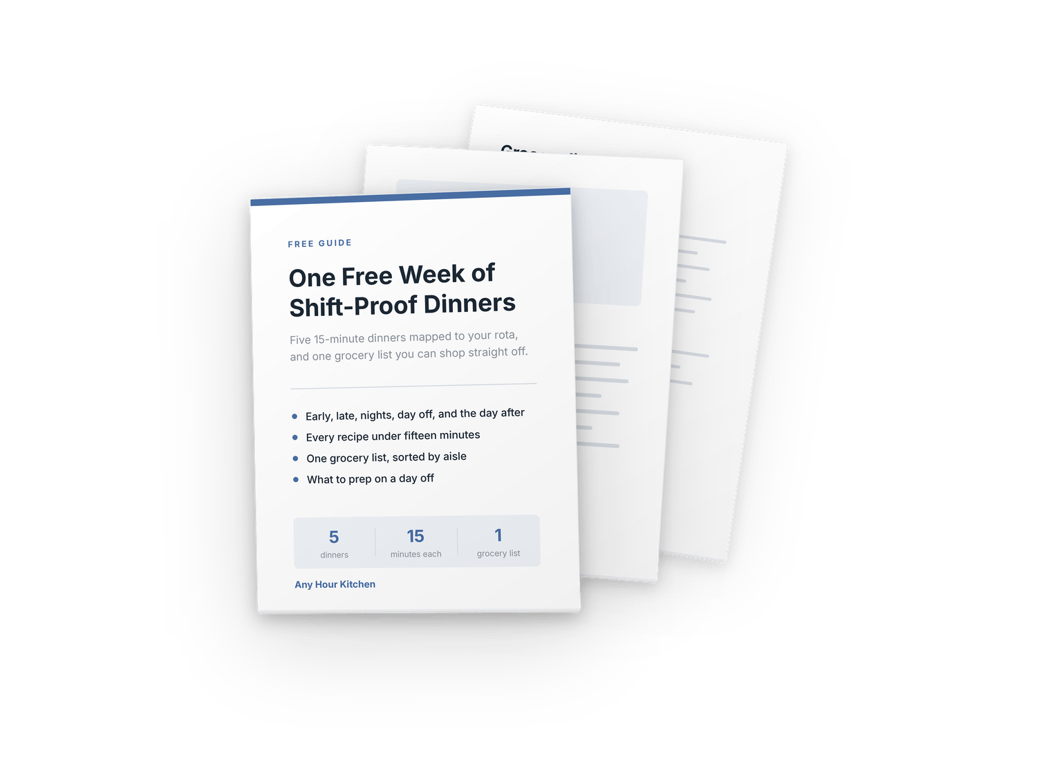 One Free Week of Shift-Proof Dinners: the cover, a recipe card, and the grocery list.