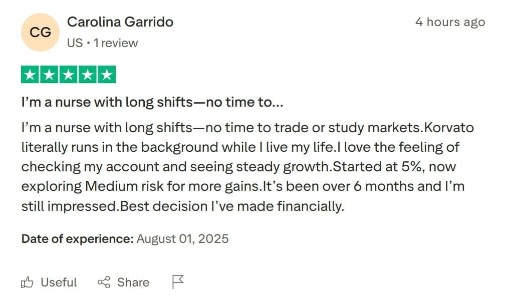 Everyone can use korvato to grow passive income, even this nurse - trustpilot review