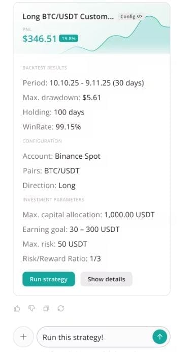 sample of strategy card generated with 3commas AI assistant