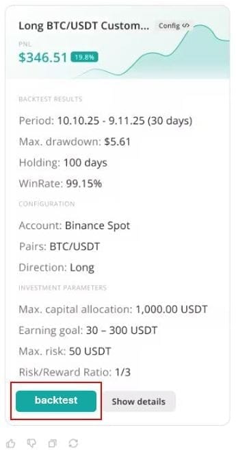 sample of strategy card generated with 3commas AI assistant