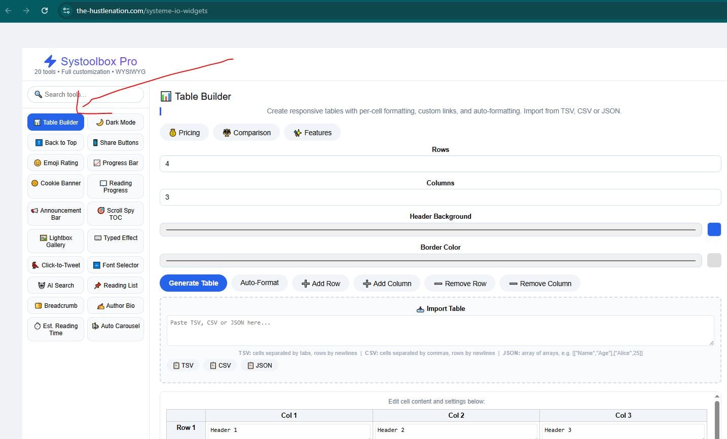 open systool box and select the table builder - how to create a table on a systeme io website.