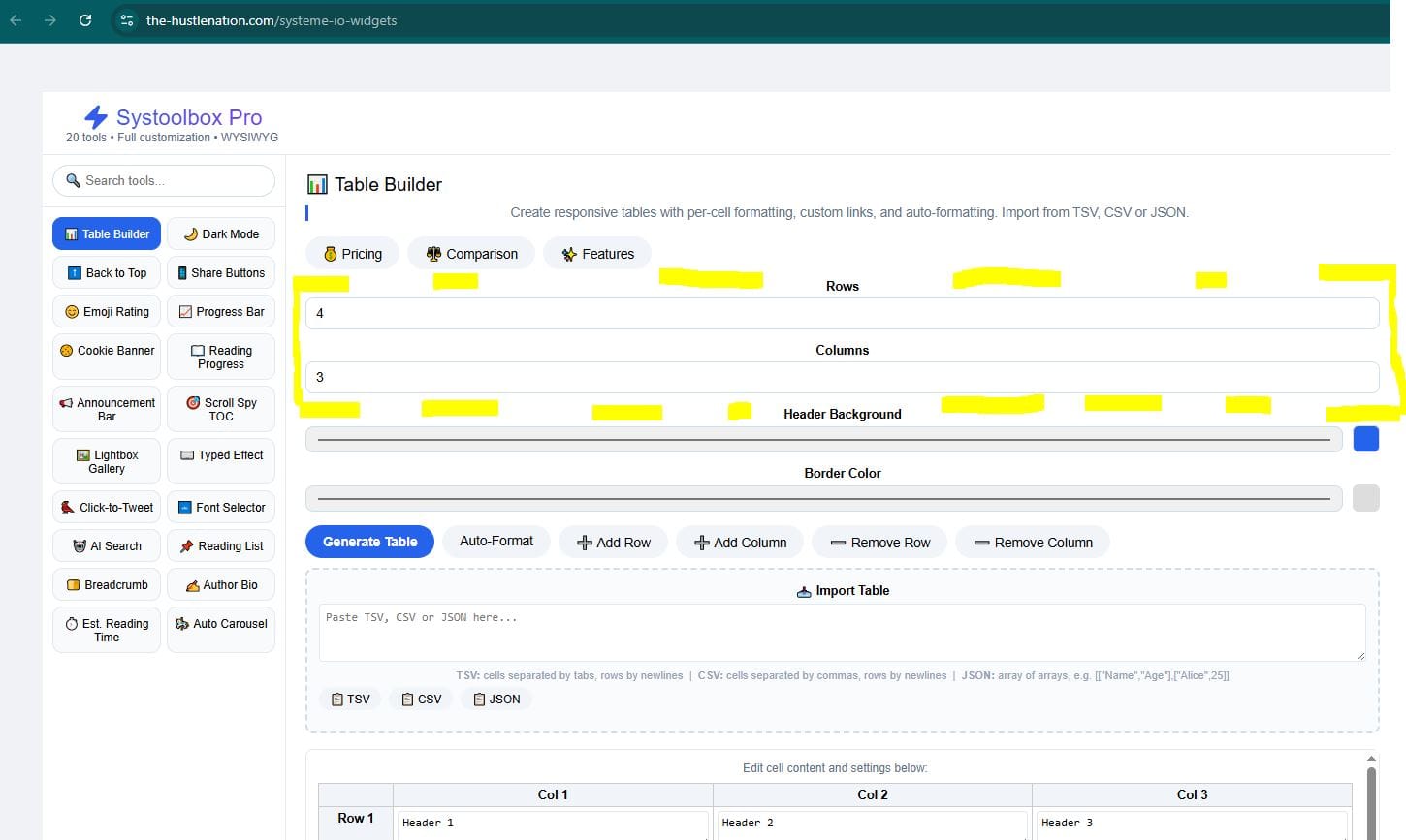 a picture showing the systool box pro table builder when choosing columns and rows settings to set a table