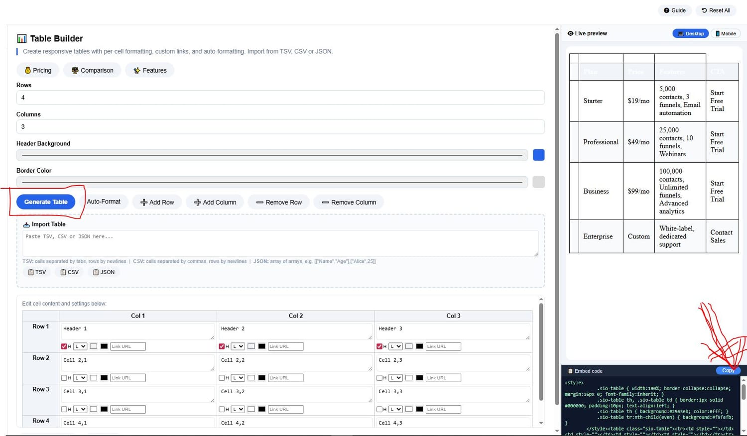 a picture showing how to copy and generate the table on the systool box pro tool