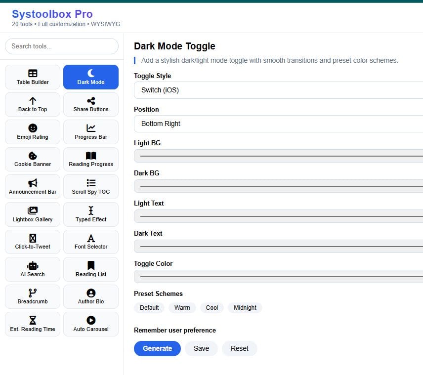 select the dark mode tool in systoolbox to add dark mode to your systeme io website