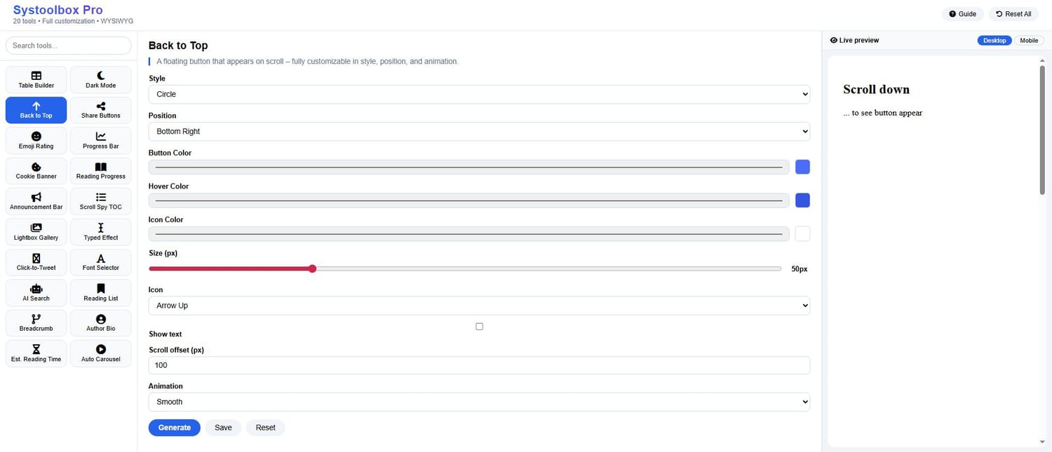 generate the back to top button for systeme io websites