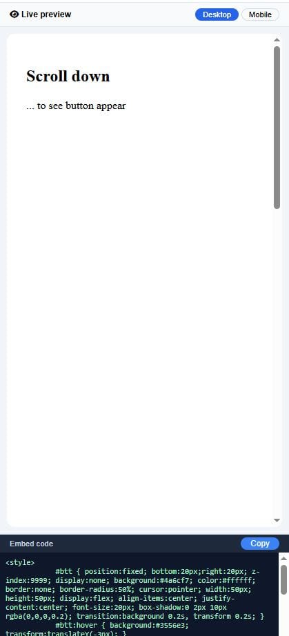 back-to-top button embed code for systeme io websites