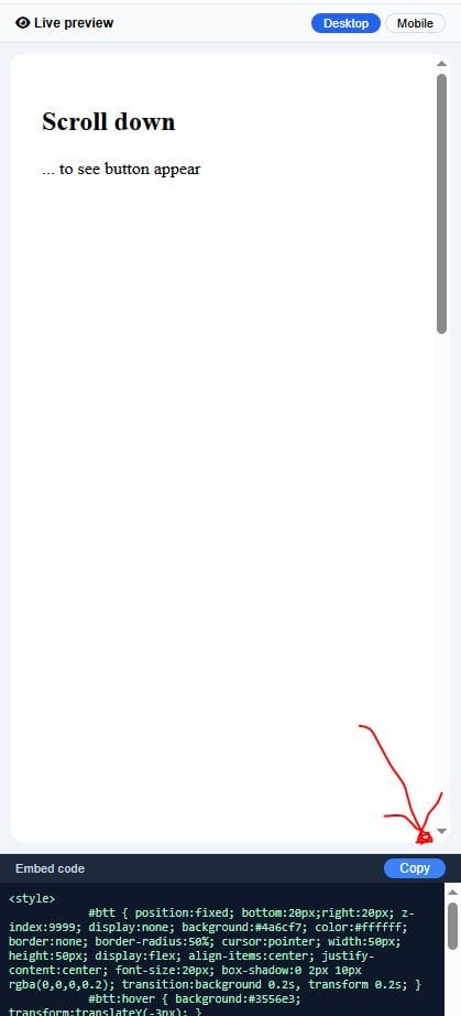 copy and paste the embed code for the back to top button on systeme io website