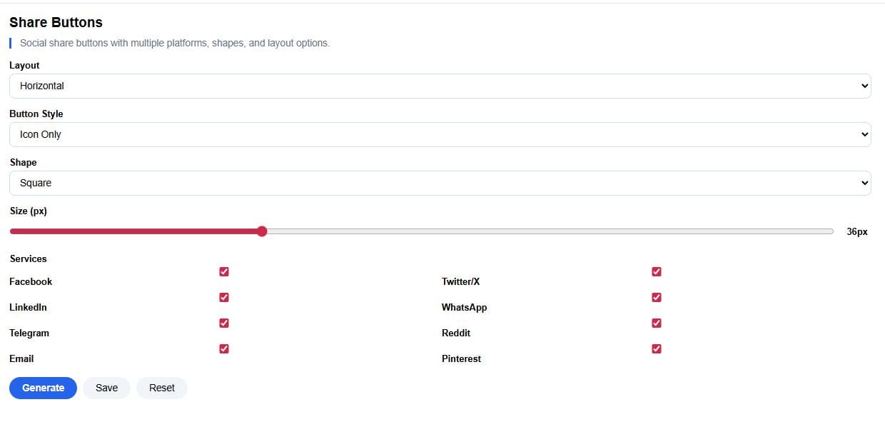 Share Buttons settings panel with services checklist
