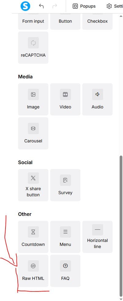 Systeme.io editor with Raw HTML block