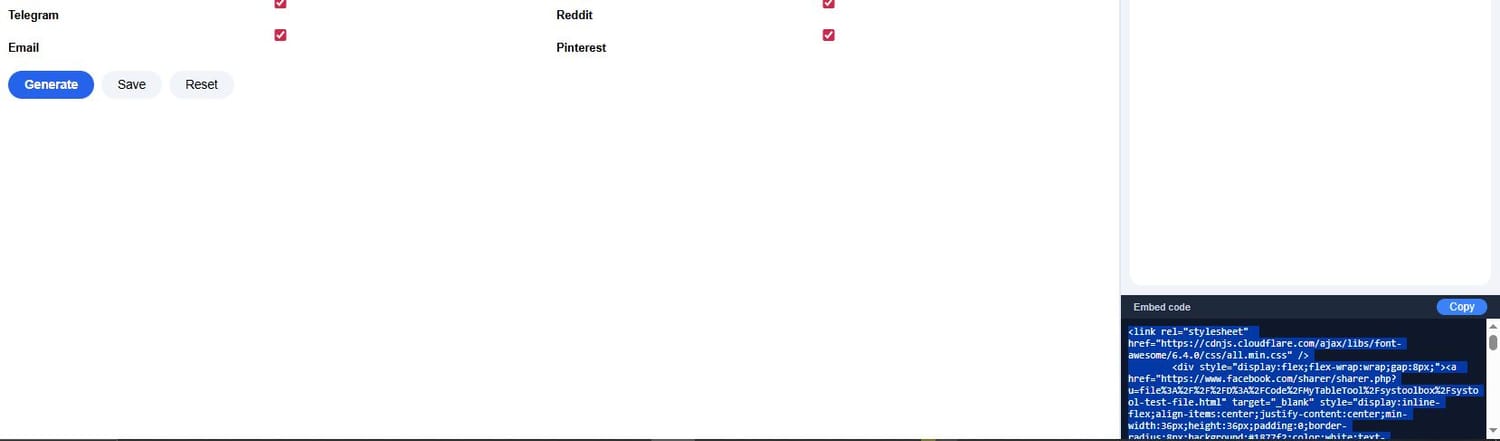 Generate button and embed code section