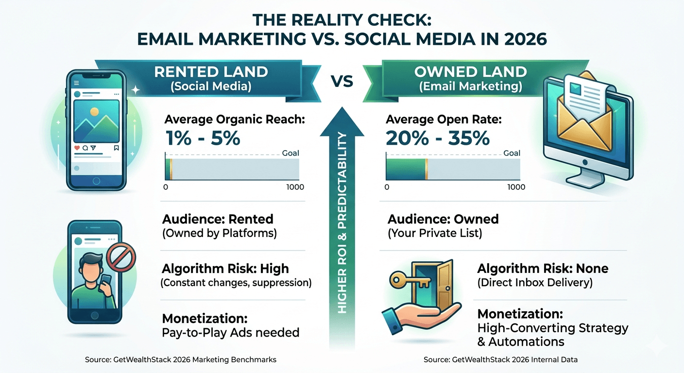 Infographic comparing Email Marketing vs Social Media in 2026. Shows social media (rented land) has 1-5% organic reach with high algorithm risk, while email marketing (owned land) delivers 20-35% open rates, full ownership, and higher ROI. Source: GetWealthStack.com Design 2026