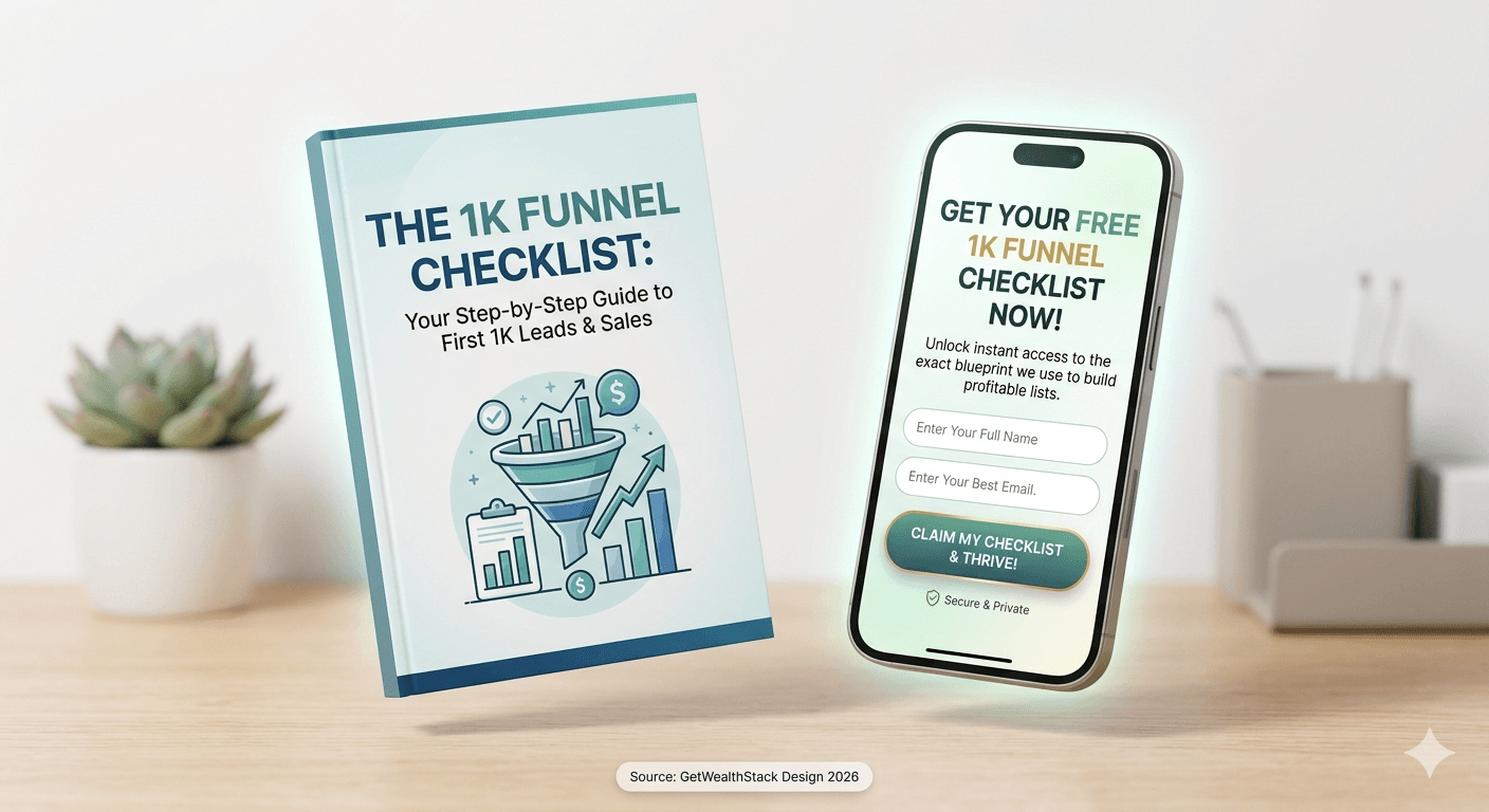 3D mockup of a digital Lead Magnet used to capture email addresses in a sales funnel. Source: GetWealthStack.com Design 2026