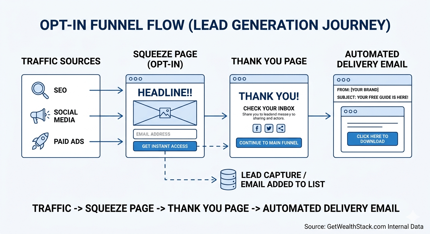 Visual diagram of an email marketing Opt-In Funnel showing the journey from lead generation to email delivery. Source: GetWealthStack.com Internal Data