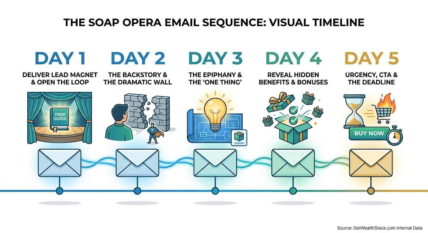 Visual timeline diagram explaining the 5 steps of the Soap Opera Email Sequence. Source: GetWealthStack.com Internal Data