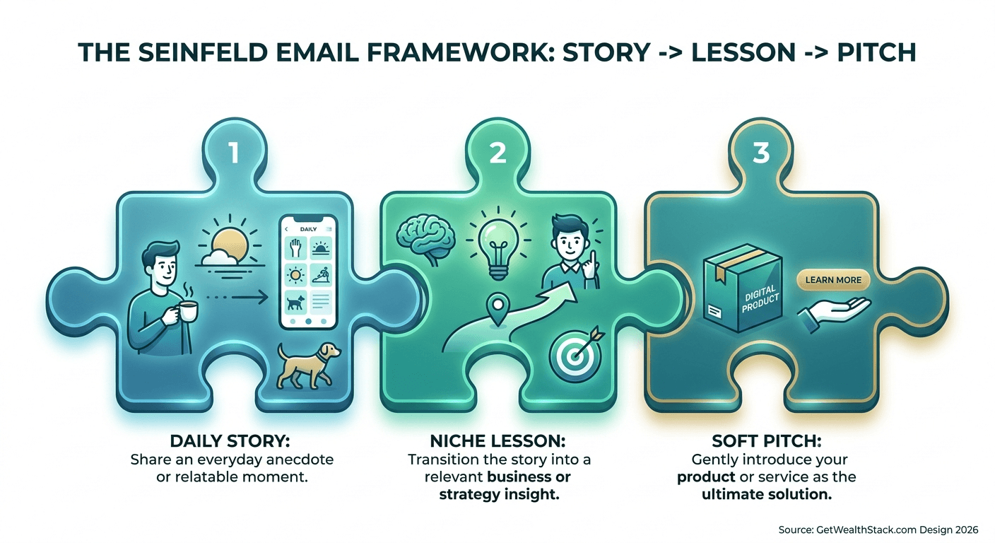 Infographic showing the three core components of a Seinfeld Email Strategy: Story, Transition, and Pitch. Source: GetWealthStack.com Design 2026
