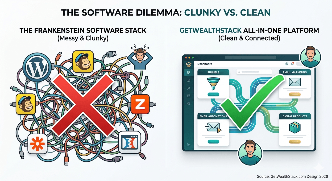 Comparison showing the messy Frankenstein software stack versus the clean, all-in-one GetWealthStack dashboard. Source: GetWealthStack.com Design 2026