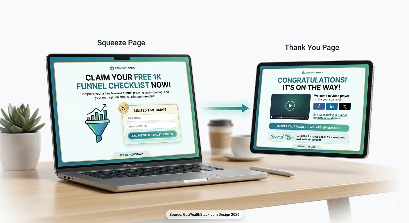 3D mockup of a high-converting Squeeze Page and Thank You Page layout. Source: GetWealthStack.com Design 2026