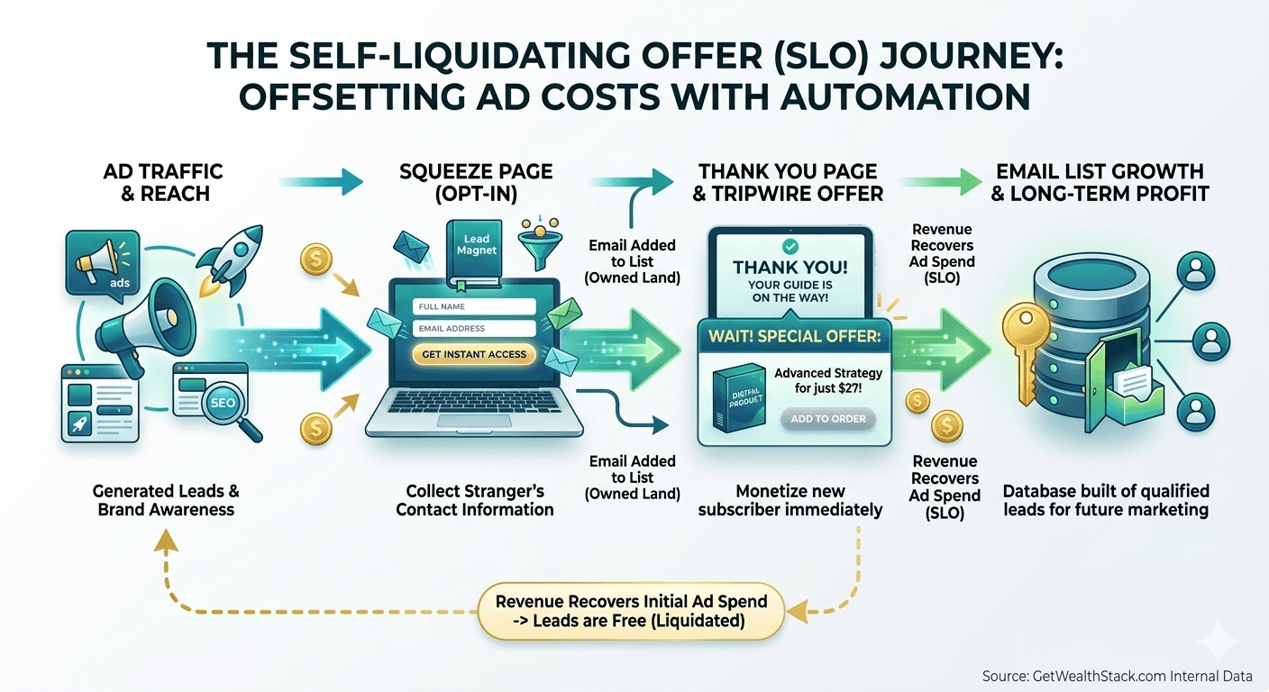 Flowchart explaining the Self-Liquidating Offer (SLO) funnel strategy to offset ad costs. Source: GetWealthStack.com Internal Data