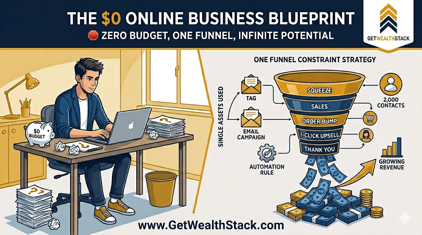 Illustration of the GetWealthStack '$0 Online Business Blueprint', featuring an entrepreneur at work and a diagram of the One Funnel Constraint Strategy.
