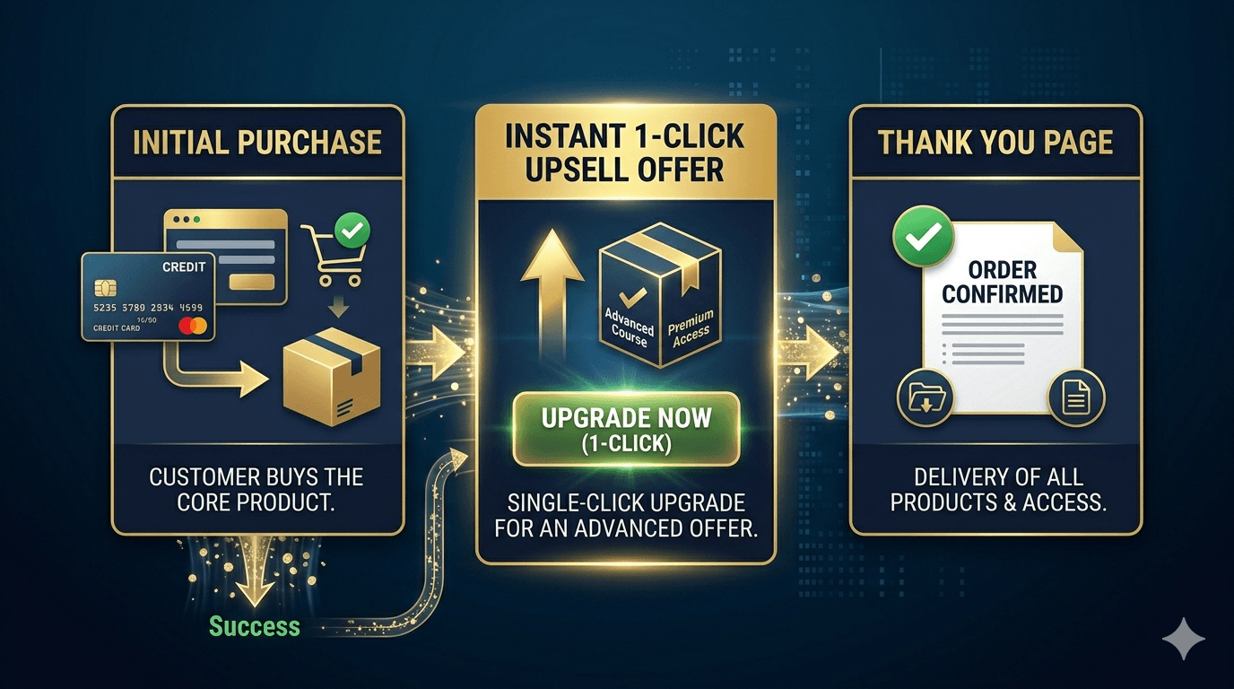 An infographic showing a three-step e-commerce sales funnel with a gold and blue aesthetic. Step 1: "INITIAL PURCHASE," where a customer buys the core product with a credit card, leading to a closed box. Step 2: "INSTANT 1-CLICK UPSELL OFFER," featuring a prominent 'Advanced Course' and 'Premium Access' package, an upward arrow, and an "UPGRADE NOW (1-CLICK)" button. Step 3: "THANK YOU PAGE," with an 'Order Confirmed' message and icons for product delivery and access. Arrows and a stream of gold coins show the direct flow from payment to upsell and success.