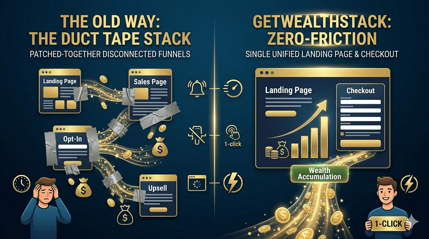 An infographic comparing two marketing funnel methods. On the left, titled "The Old Way: The Duct Tape Stack," it shows a stressed man and four loose, cluttered pages (Landing, Sales, Opt-In, Upsell) patched together with duct tape. Icons next to them indicate lost time, disconnected systems, and slow loading. On the right, titled "GetWealthStack: Zero-Friction," it shows a smiling man holding a "1-CLICK" button and a single, unified Landing Page & Checkout with a "Wealth Accumulation" chart. Icons next to it indicate speed and ease of use. The overall aesthetic is gold on a dark blue background.