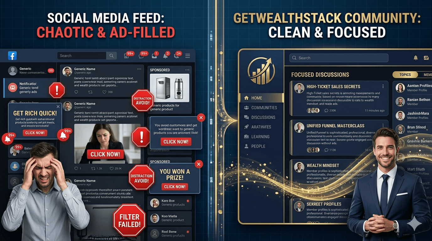 Split-screen comparison showing a chaotic, ad-filled social media feed on the left versus the clean, distraction-free GetWealthStack community dashboard on the right.
