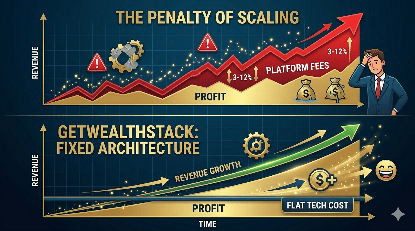 Infographic comparing the penalty of scaling with rising variable platform fees versus the GetWealthStack fixed architecture, which allows profit margins to expand as revenue grows.