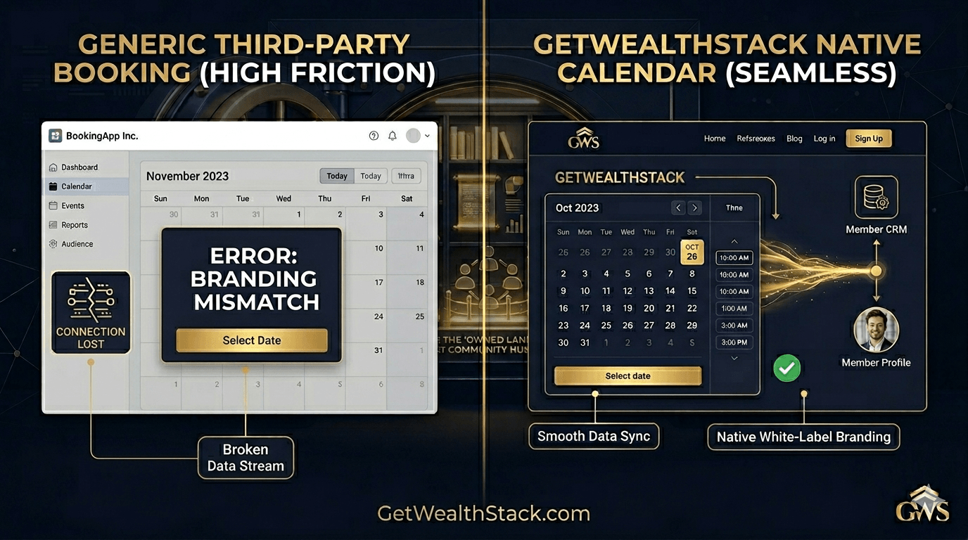 Split-screen UI comparison showing a clunky, high-friction third-party booking page on the left versus the seamless, native GetWealthStack calendar with smooth data sync on the right.