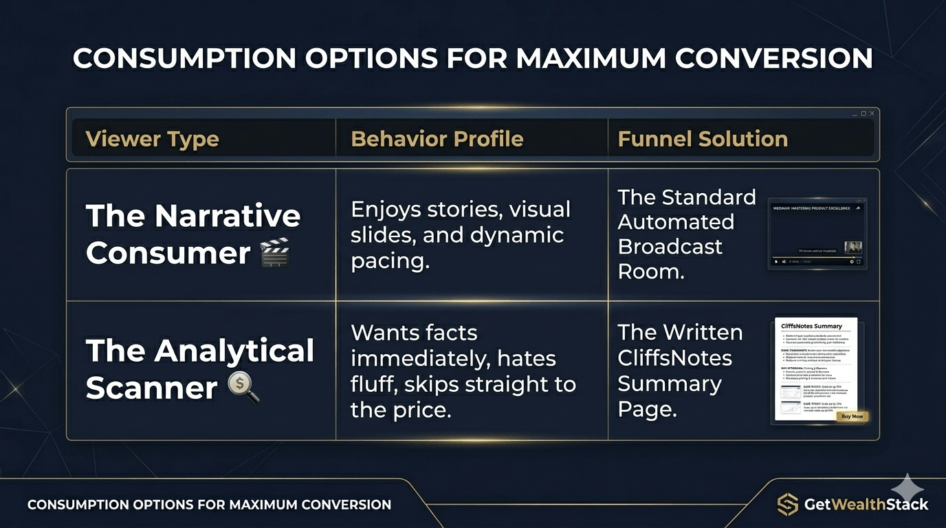 Split-screen infographic comparing The Narrative Consumer watching a 90-minute webinar video versus The Analytical Scanner reading a CliffsNotes summary page. GetWealthStack dark navy and gold branding.