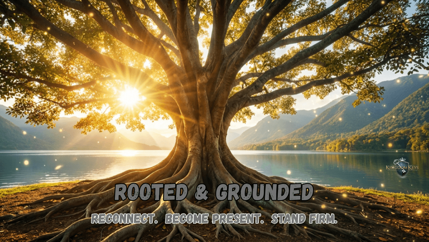 An ancient tree with sprawling roots beside a lake at sunset, rooted and grounded