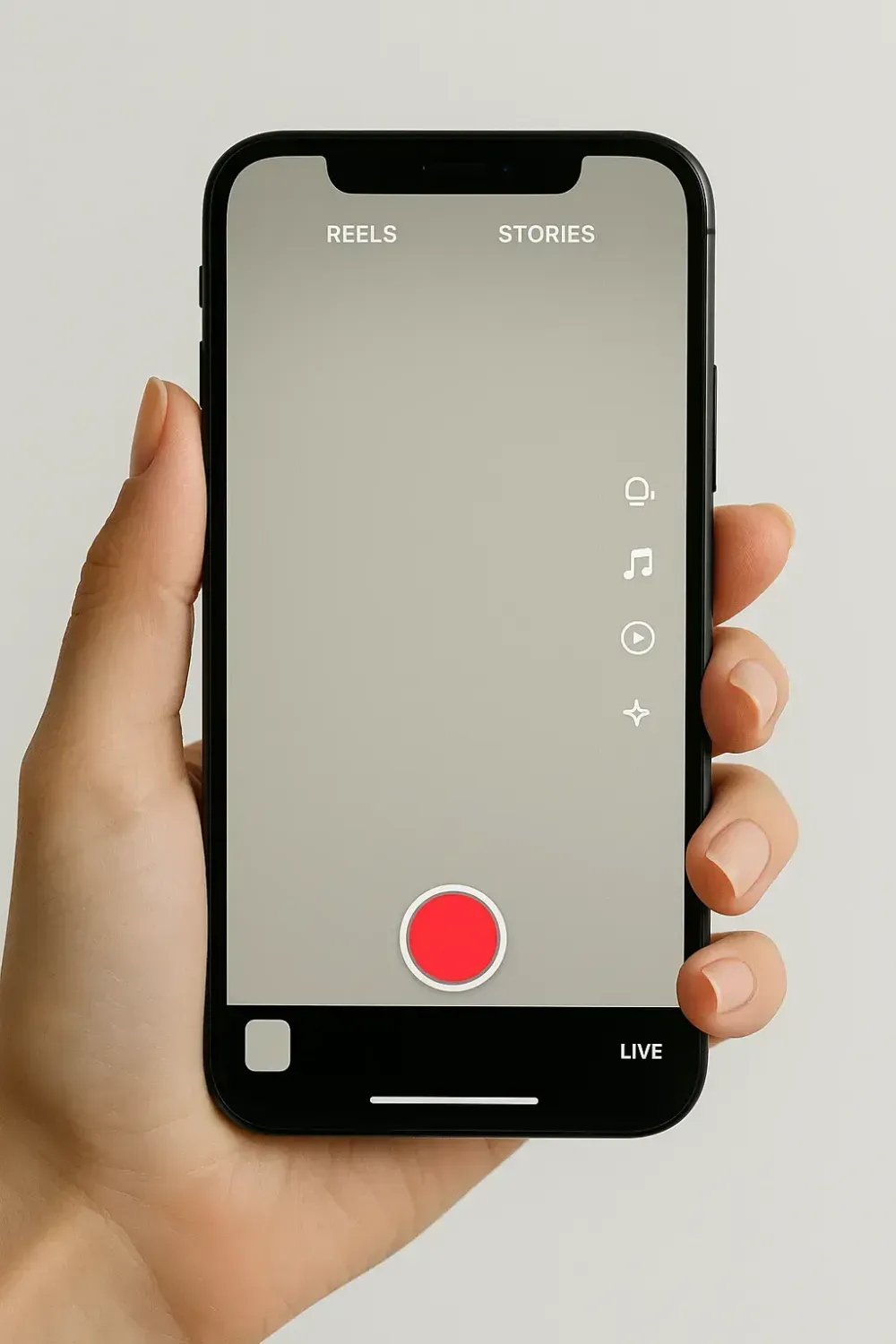 Kvindehånd med smartphone En kvindes hånd holder en sort smartphone i lodret position med skærmen åben til Reels og Stories-optagelse. Telefonen viser et stort rødt optageikon midt for og hvide ikoner i højre side. Teksten under billedet siger: “Fysisk hjælp – kan bare så meget mere!”. Workshop - hos Din IT & SoMe Buddy og med coach Lets Consult