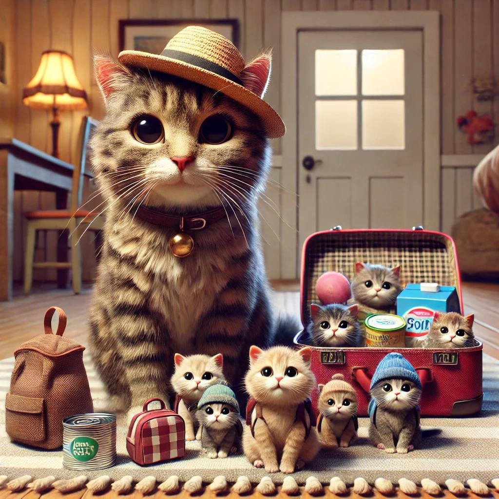 A mama cat and her kittens, surrounded by packed boxes and belongings, ready to move, related to the book "The Cat Gets the Couch." Mama cat and her kittens, with a small suitcase and packed boxes, a move or inheritance, possibly linked to a will and the book title "The Cat Gets the Couch."
