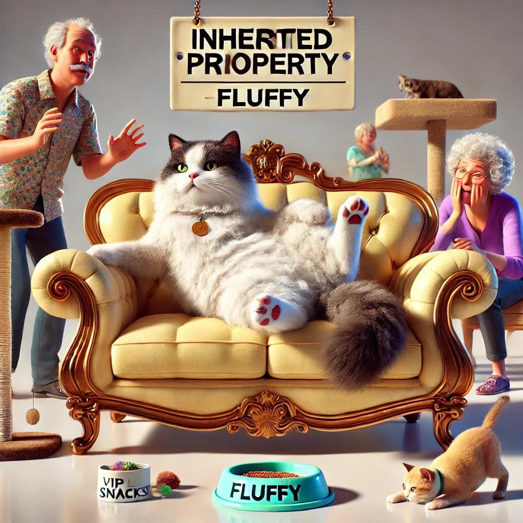 Grandma's cat, adorned with a crown, relaxes on a plush velour couch. In the background, family members react with shock and surprised at grandma's will