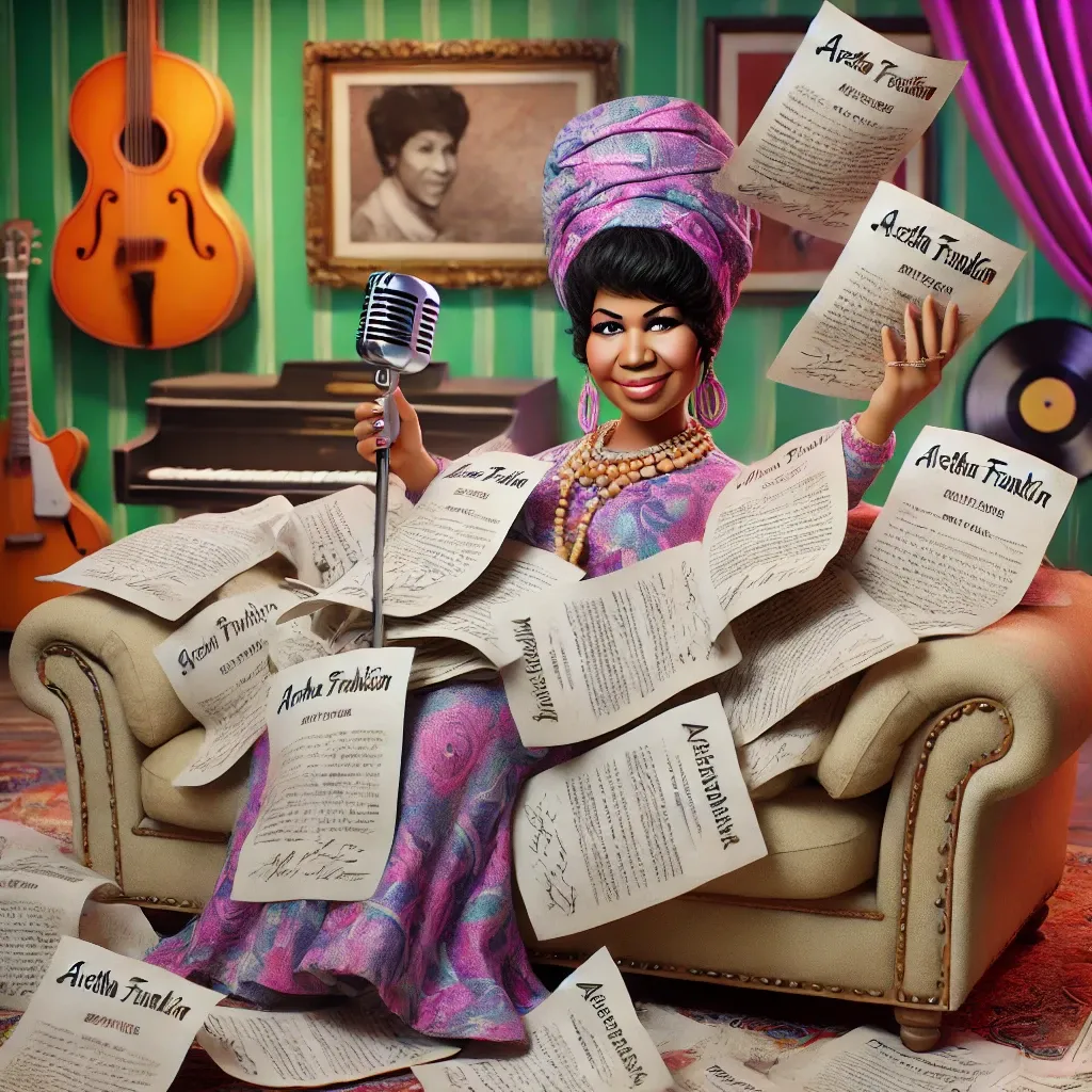 A woman resembling Aretha Franklin sprawls on a plush velour couch, holding legal documents related to her estate. A microphone rests beside her.