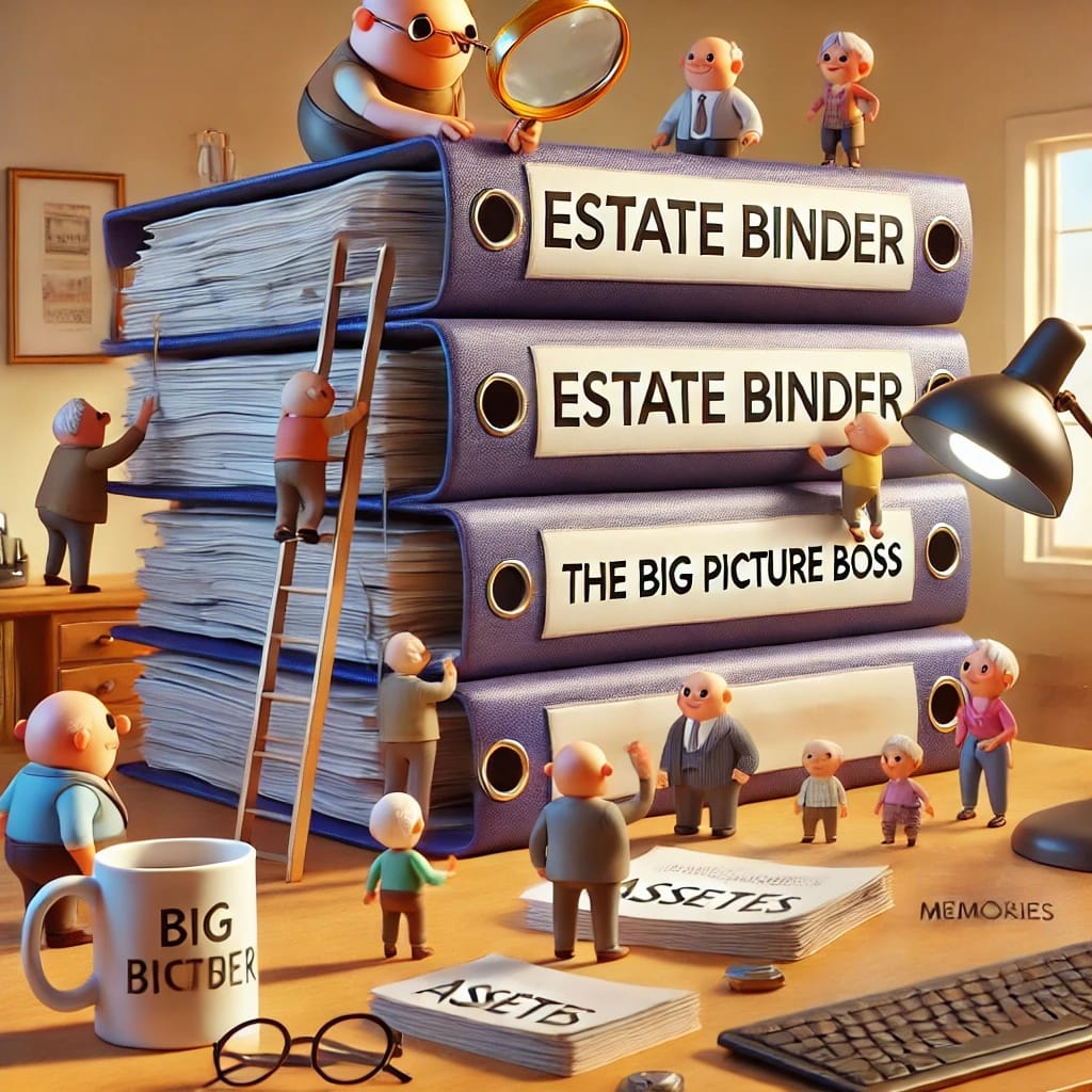 A stack of five large estate planning binders sits on a kitchen table. Several people are gathered around, looking through the binders and discussing their contents. Five colorful estate planning binders are stacked high on a kitchen table. Small figures of people are shown interacting with the binders, suggesting investigation and review.